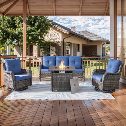 Furniture with Fire Pit 4-Piece Wicker Outdoor Sectional Couch and Swivel Rocking Chairs, Propane Fire Pit Conversation Set