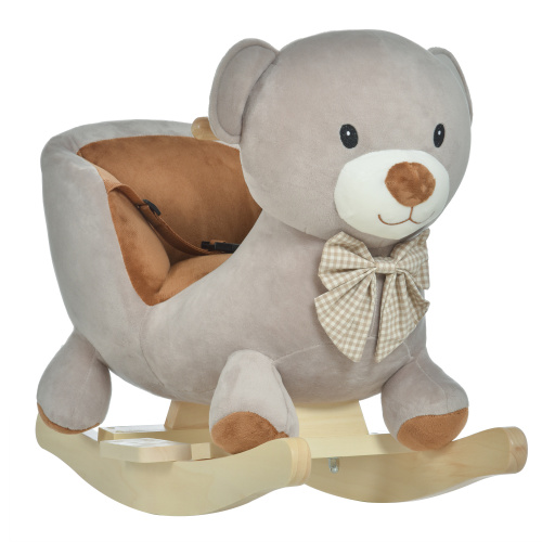 Bear-Shaped Plush Toddler Ride on Horse with Sound, Wooden Base & Safety Belt for 18-36 Months