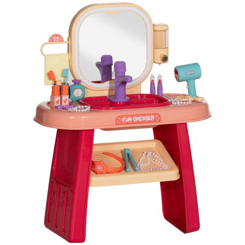 Toddler Makeup Table with Faucet, Mirror, LED Light, Music, 23 Accessories, Pretend Play Set for Girls 3-6 Years