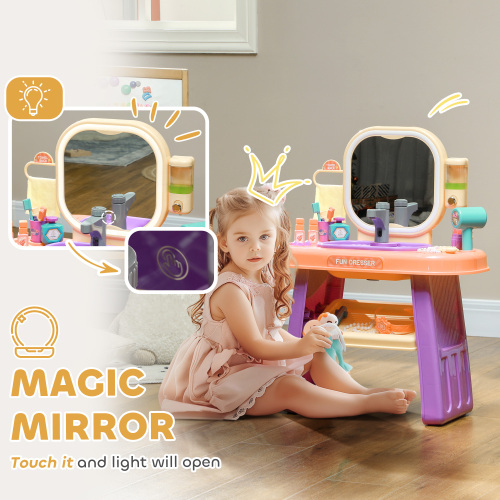 Toddler Makeup Table with Faucet, Mirror, LED Light, Music, 23 Accessories, Pretend Play Set for Girls 3-6 Years