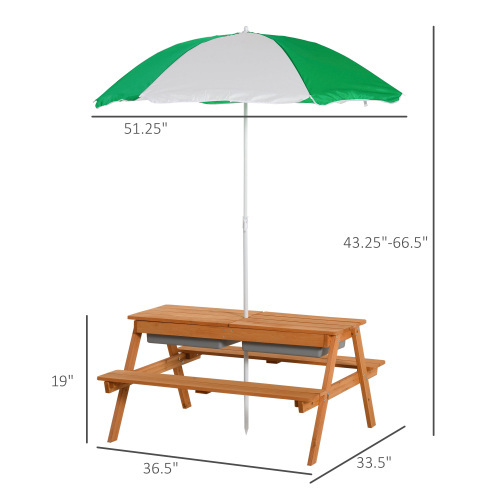 Kids Picnic Table with Umbrella and Storage Inside, Sand and Water Table, Kids Outdoor Furniture