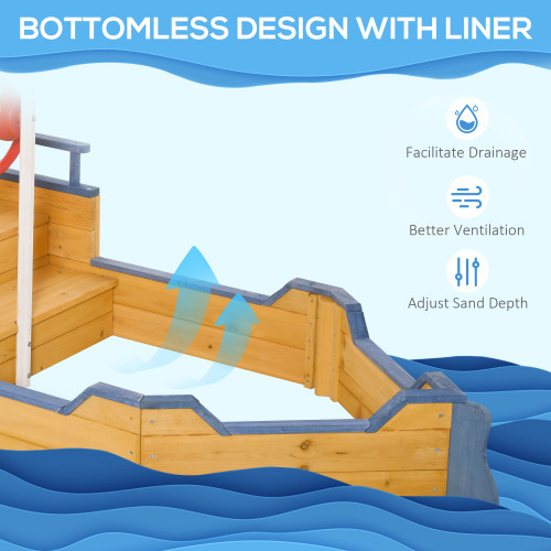 Wooden Kids Pirate Sandbox, Outdoor Sandboat with Bench Seats, Storage, Non-Woven Fabric Cloth for Backyard