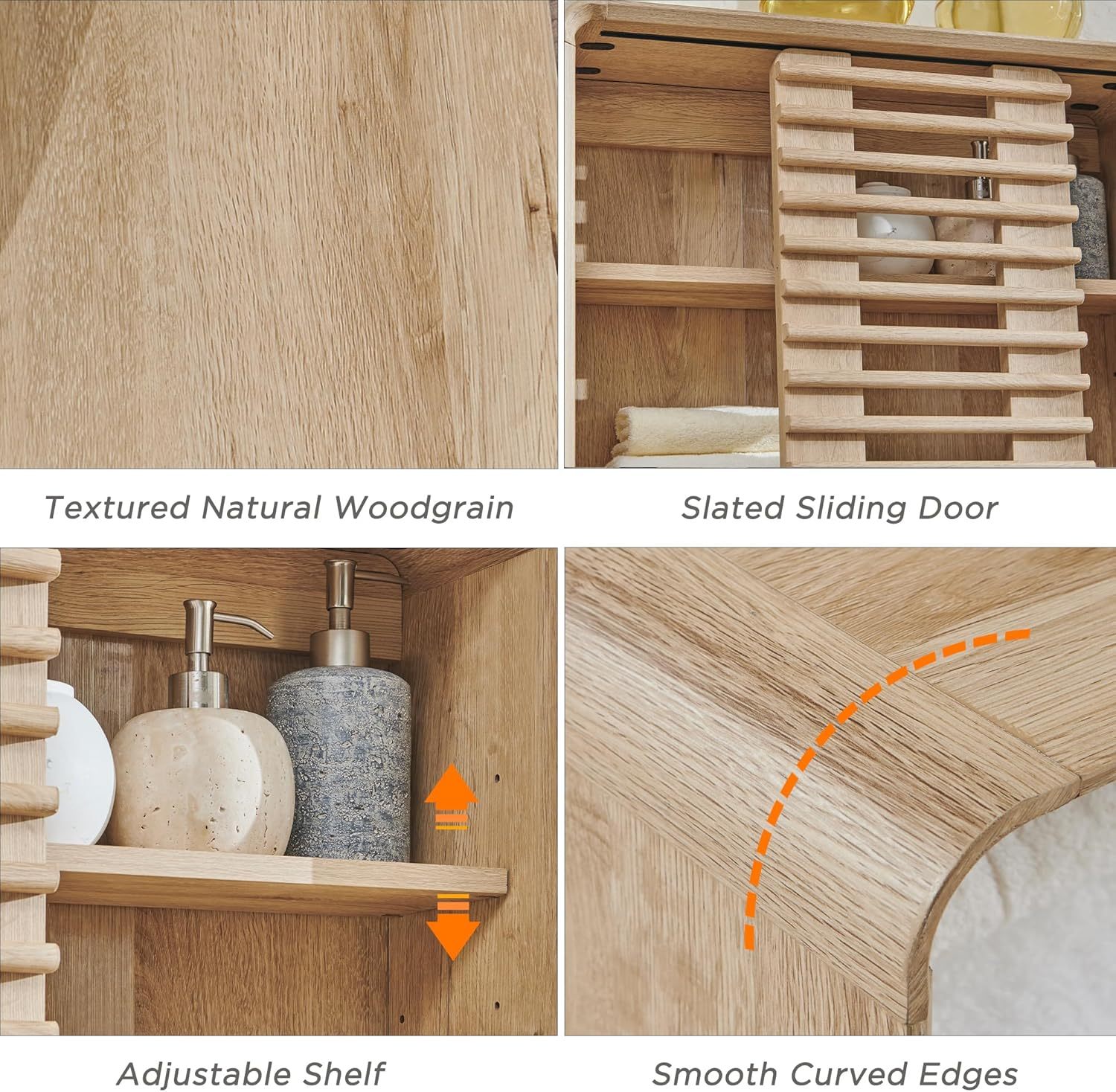 Bathroom Wall Cabinet, Mid-Century Medicine Cabinet with Slatted Sliding Door, Adjustable Shelf & Curved Edges