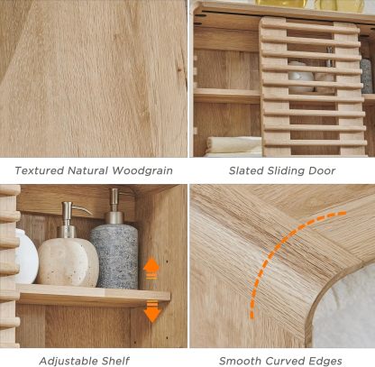 Bathroom Wall Cabinet, Mid-Century Medicine Cabinet with Slatted Sliding Door, Adjustable Shelf & Curved Edges