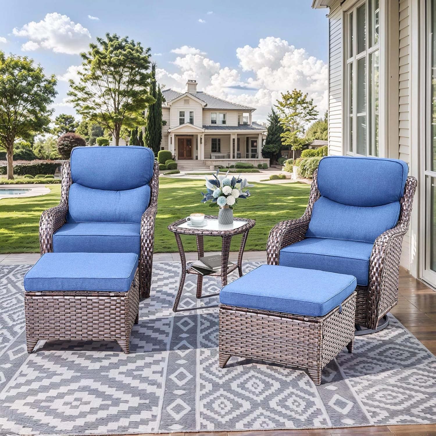 Wicker Patio Furniture Set 6 Inch Thick Cushion Outdoor Swivel Rocker 