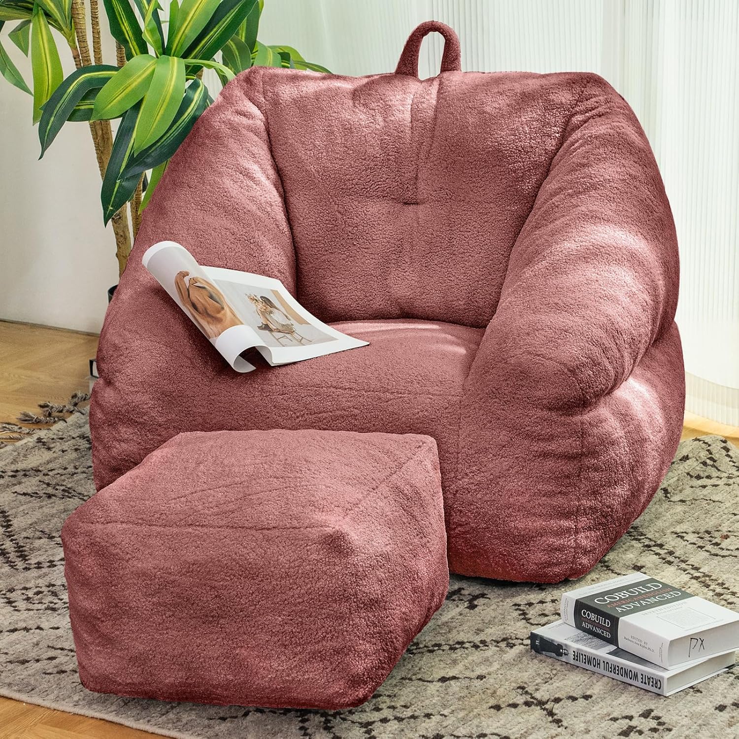 Bean Bag Chair for Adult, Teddy Upholstered Bean Bag Sofa with Large Footrest, Stuffed Beanbag Sofa Chair with Pull-Ring