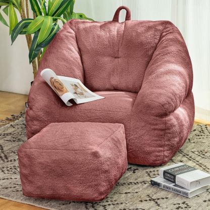 Bean Bag Chair for Adult, Teddy Upholstered Bean Bag Sofa with Large Footrest, Stuffed Beanbag Sofa Chair with Pull-Ring
