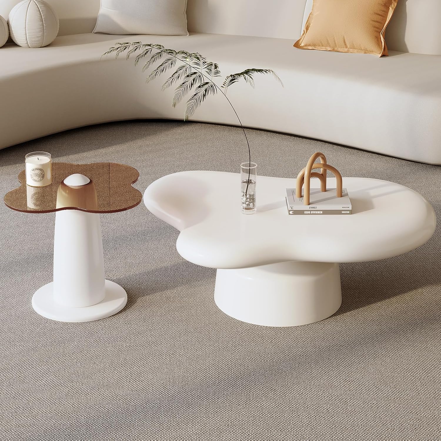 White Coffee Table Set of Two, Cream Mushroom Shape Big Coffee Table with Small Glass End Table