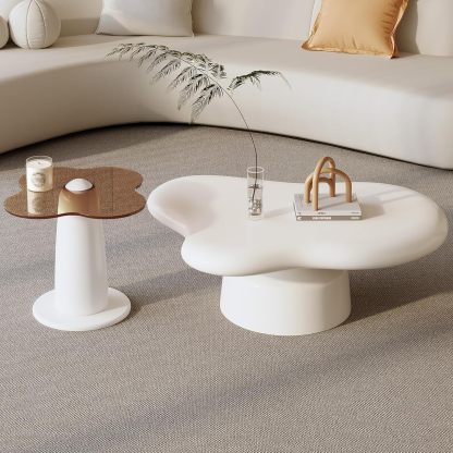 White Coffee Table Set of Two, Cream Mushroom Shape Big Coffee Table with Small Glass End Table