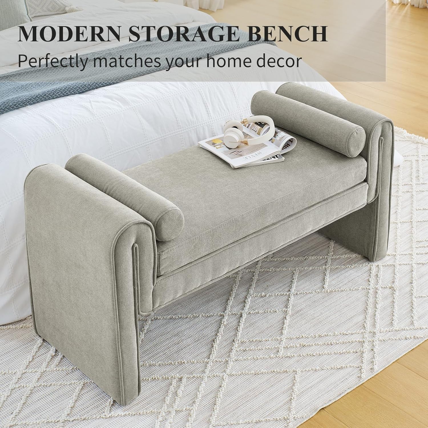 50" W Ottoman Bench for Small Space, Linen Upholstered Ottoman Bench with Thick Cushion