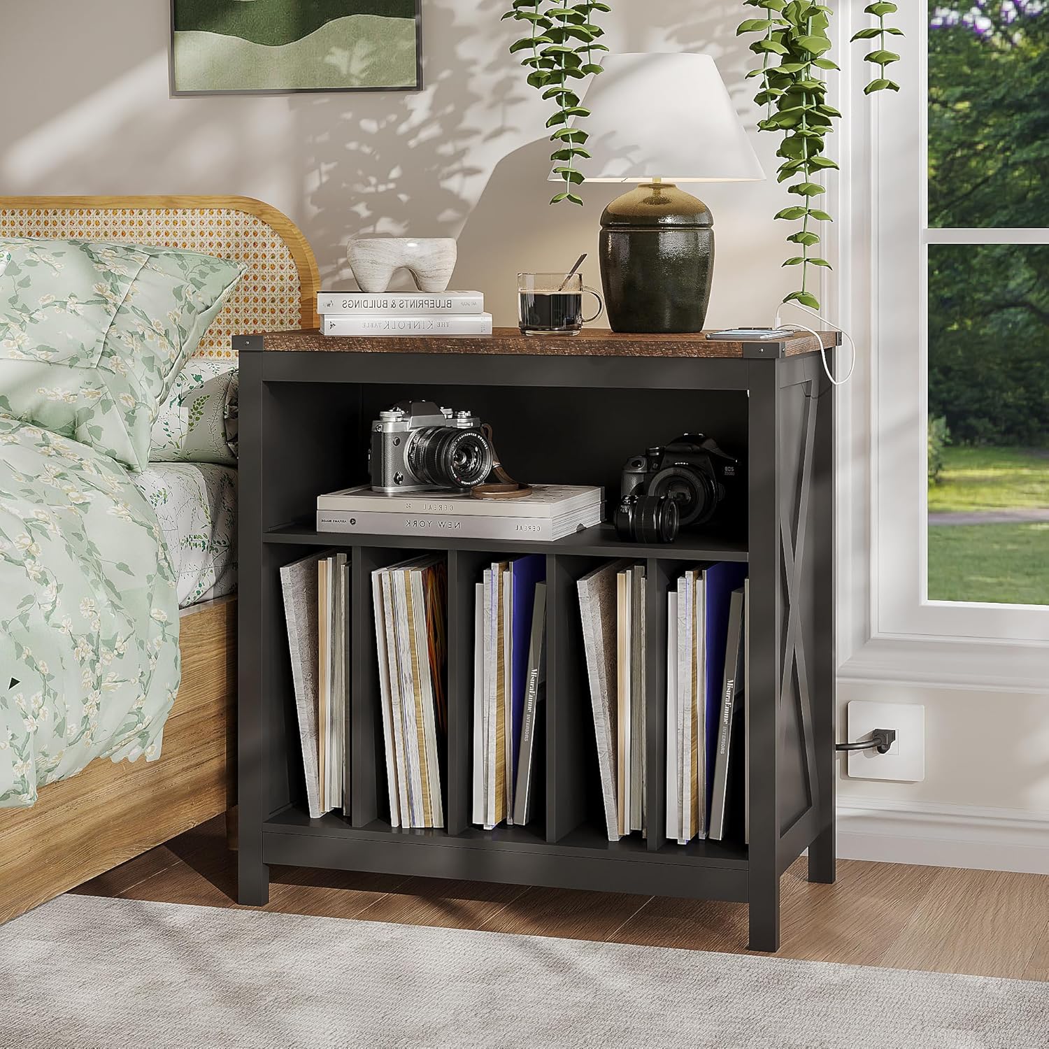 Large Record Player Stand with Charging Station & LED Light, Vinyl Record Holder hold up to 300 Albums