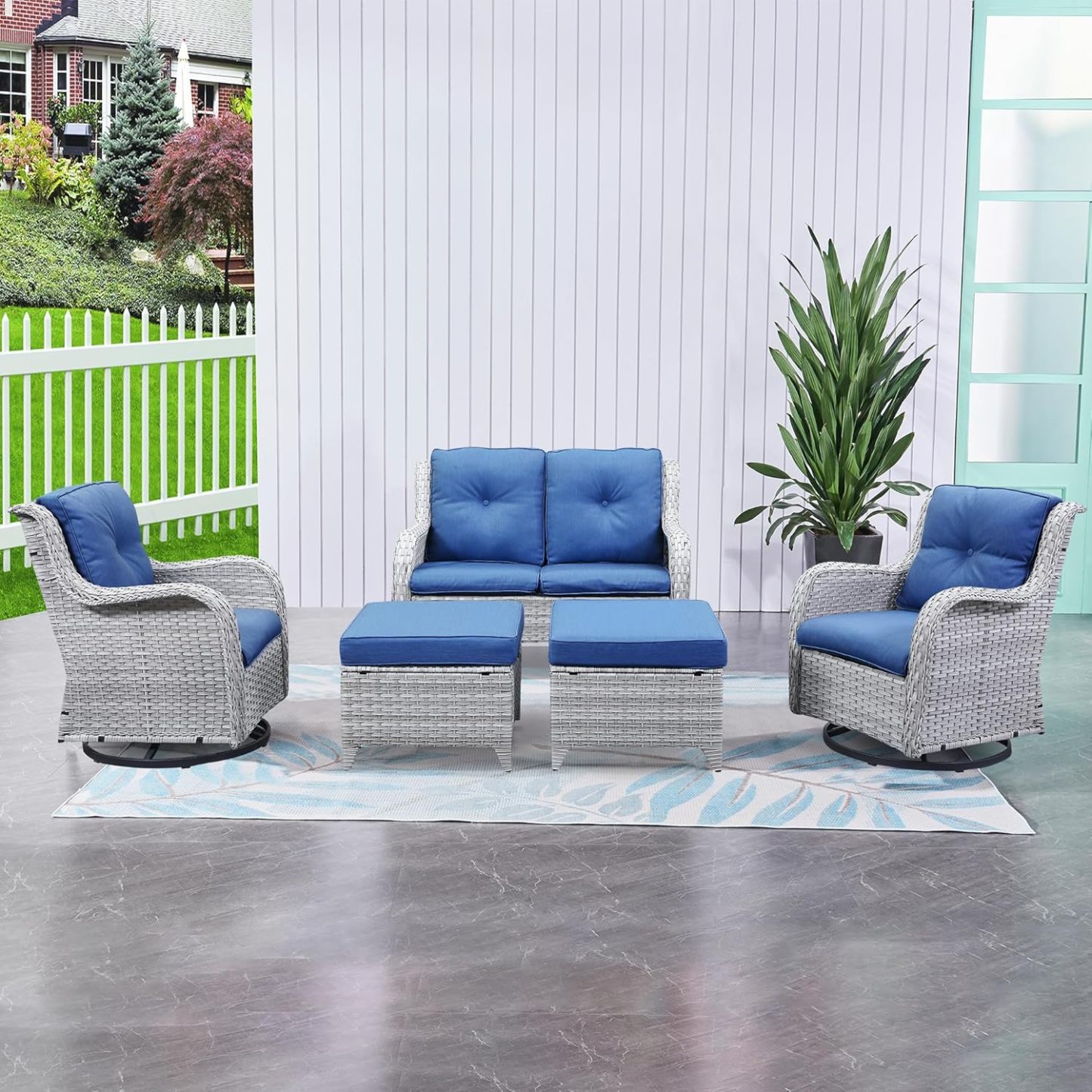 5 Pieces Outdoor Furniture Patio Furniture Set Wicker Swivel Patio Chairs with 2 Seater
