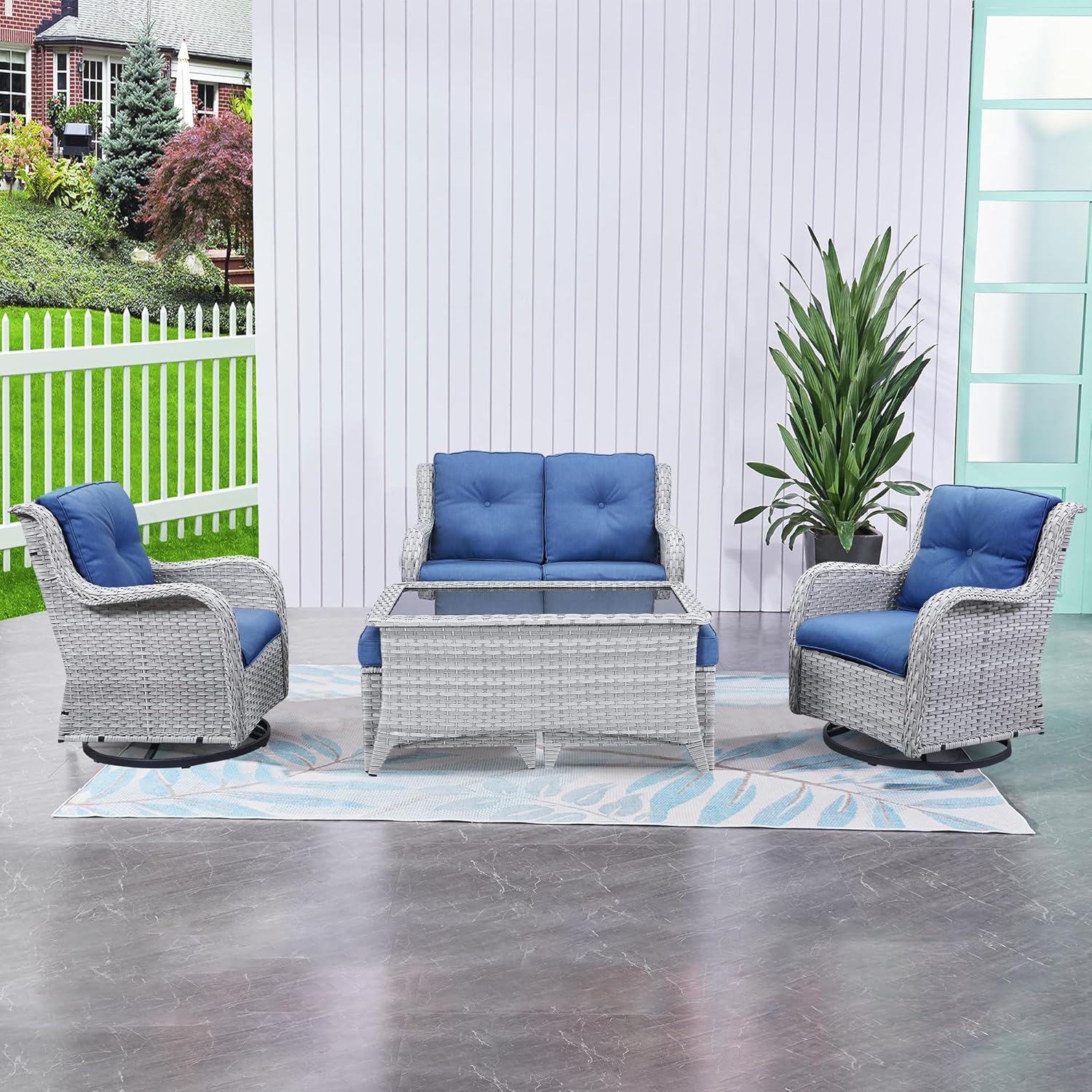 6 Pieces Outdoor Patio Furniture Set Wicker Swivel Patio Chairs with Ottomans 2 Seater