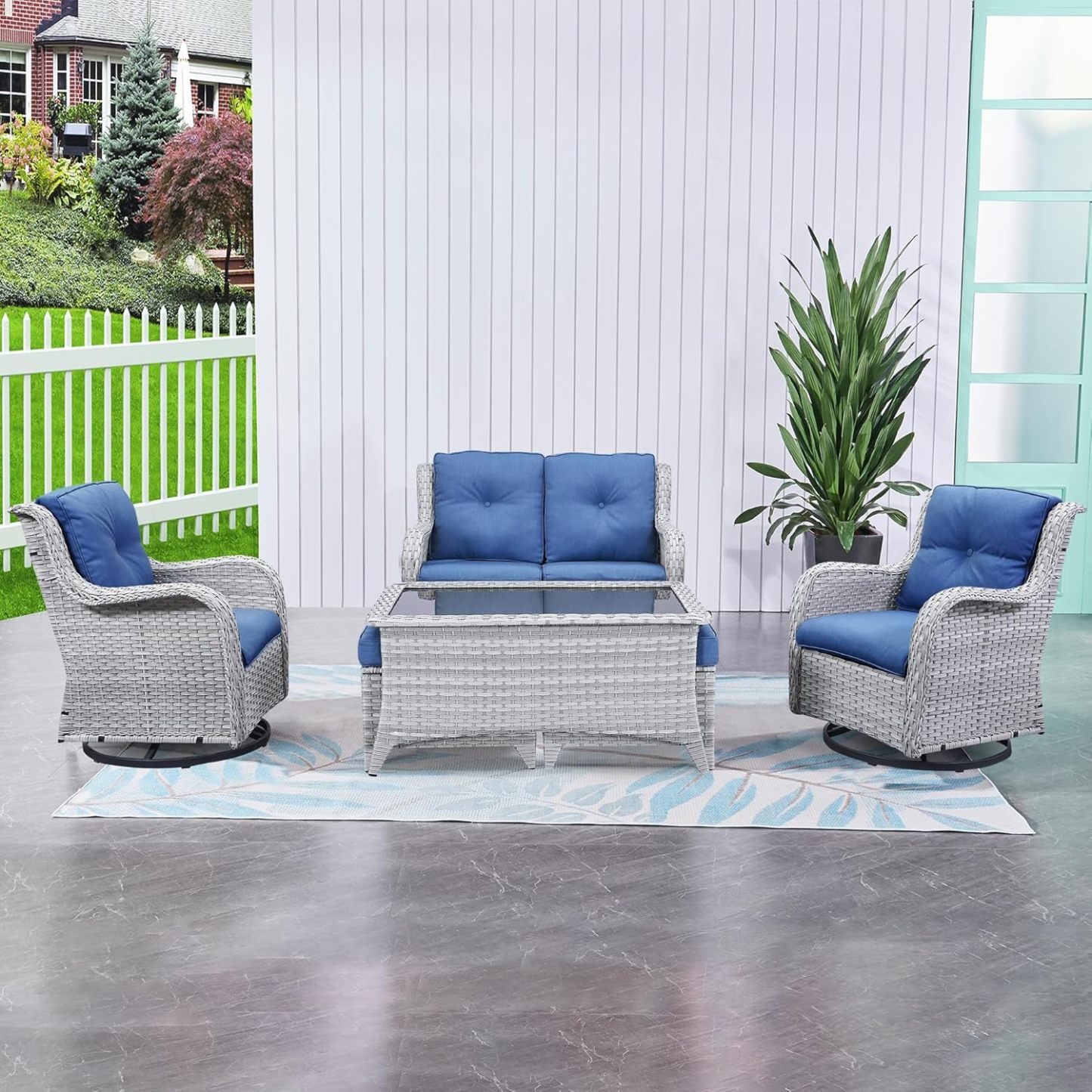 6 Pieces Outdoor Patio Furniture Set Wicker Swivel Patio Chairs with Ottomans 2 Seater