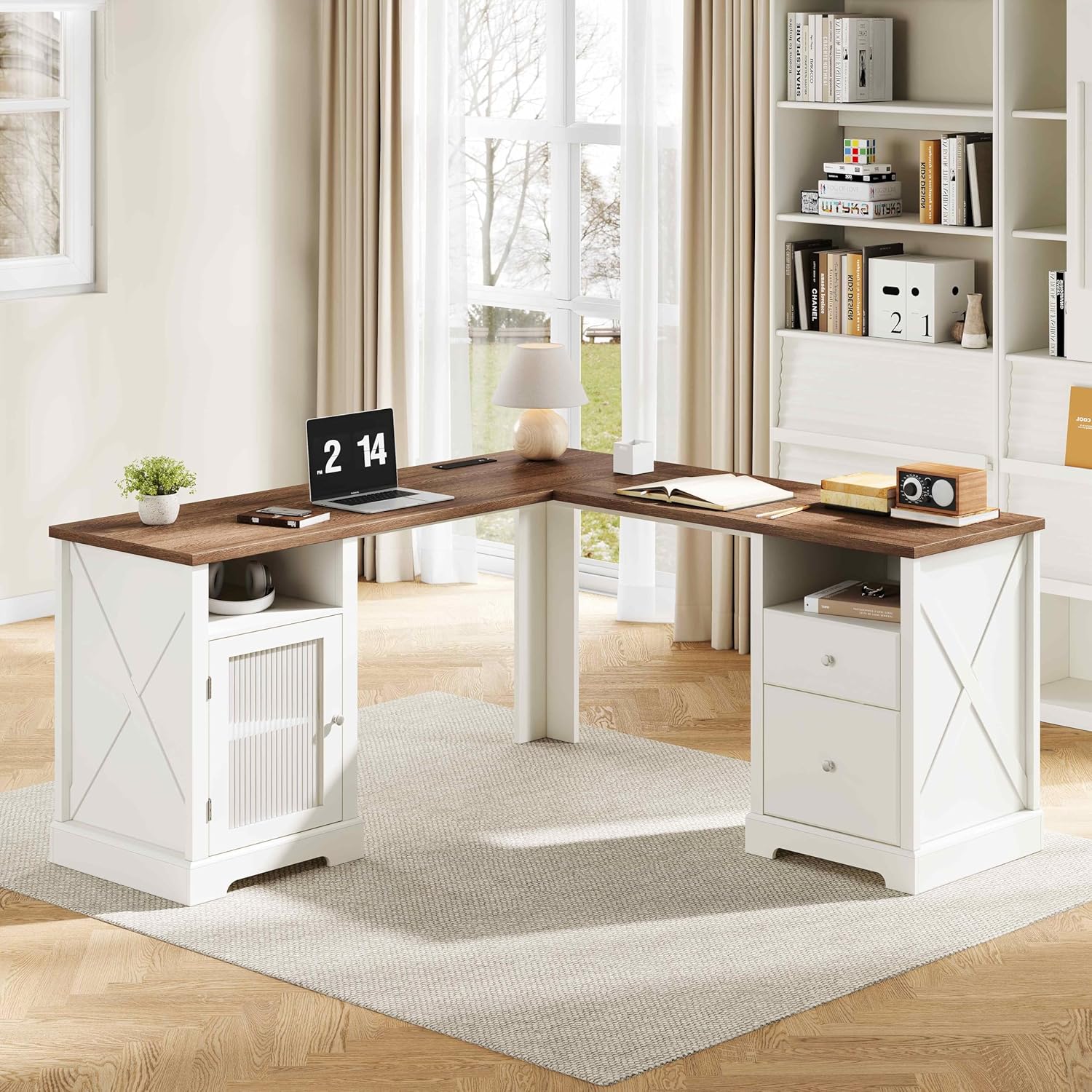 Farmhouse L Shaped Desk with Drawers & Storage Shelf, Home Office Desk with Storage Cabinet