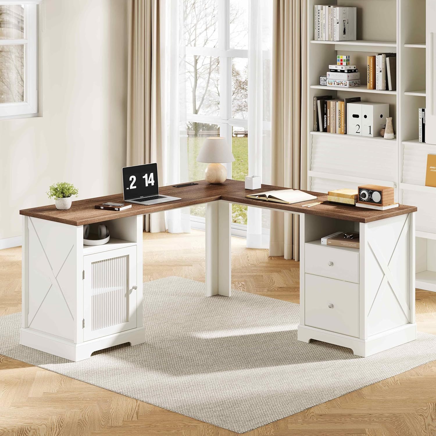 Farmhouse L Shaped Desk with Drawers & Storage Shelf, Home Office Desk with Storage Cabinet