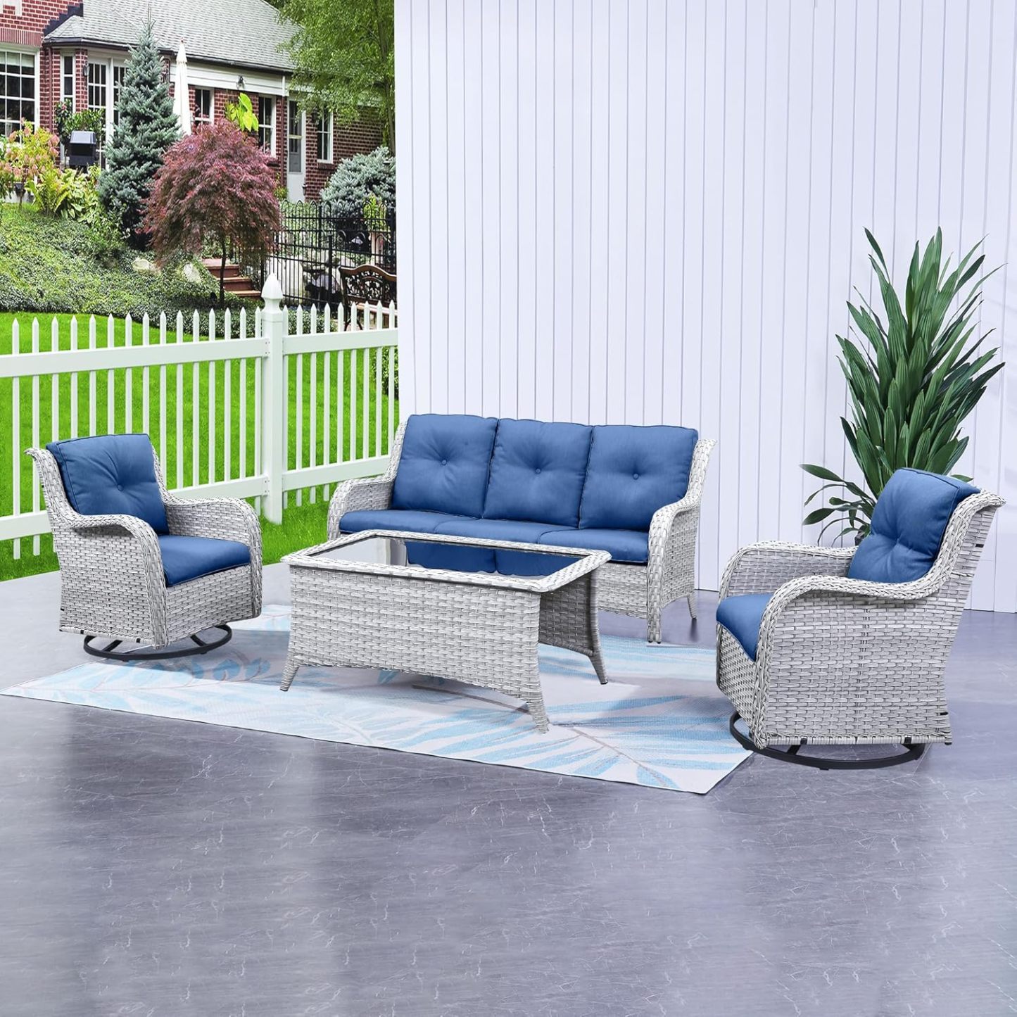 Outdoor Patio Furniture Set 7 Pieces Wicker Sofa and Loveseat with 2pcs Swivel Rocking Chairs,Patio Chairs,Coffee Table