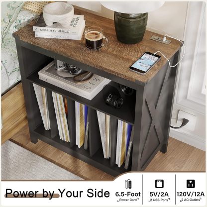 Large Record Player Stand with Charging Station & LED Light, Vinyl Record Holder hold up to 300 Albums