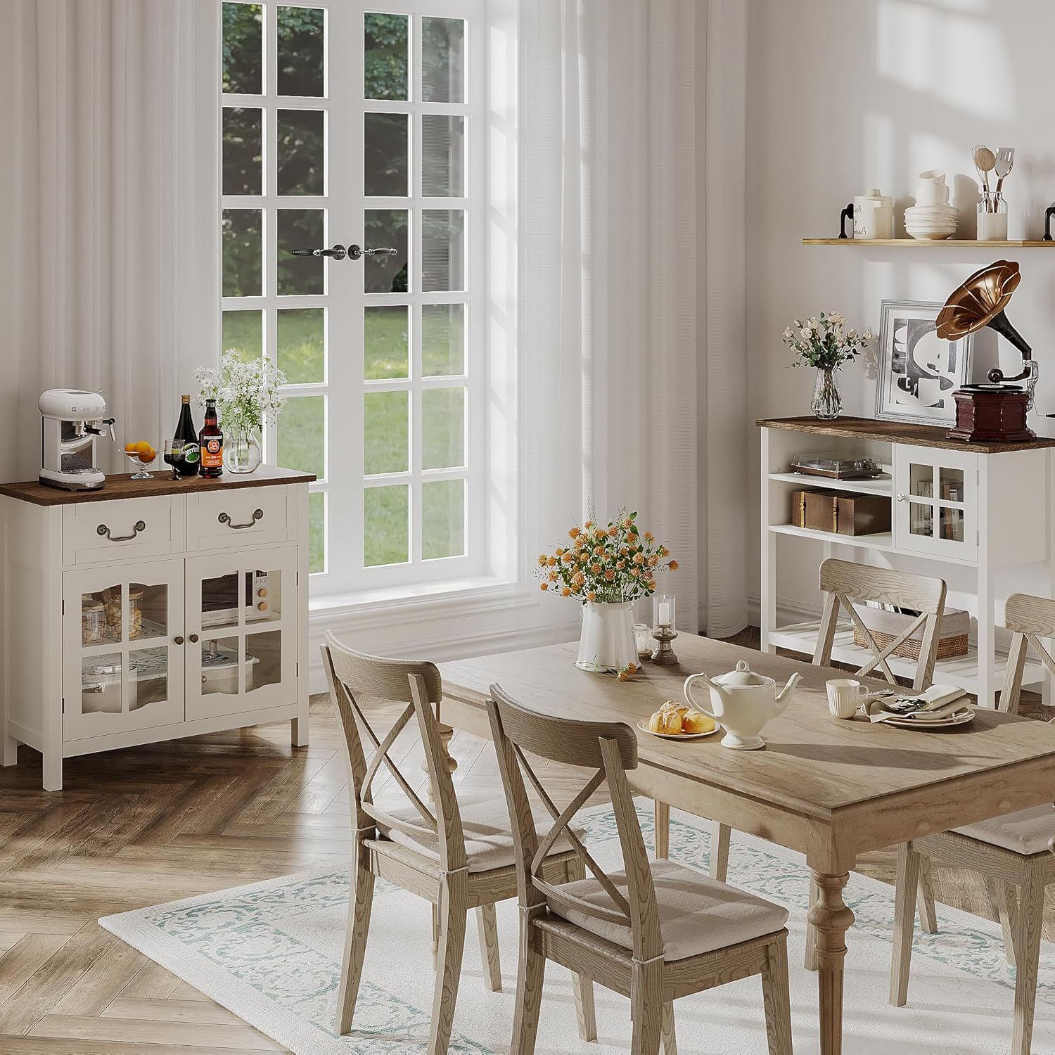 Farmhouse Sideboard Buffet Cabinet with Storage, Coffee Bar Cabinet with Glass Doors