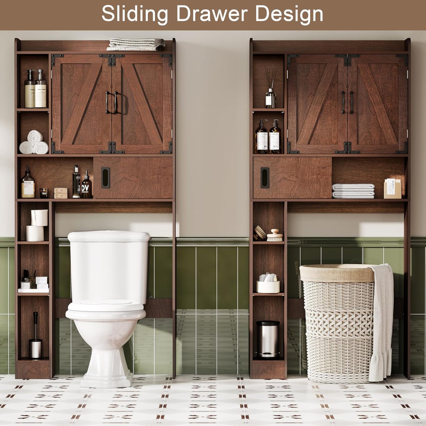 Over The Toilet Storage Cabinet, Farmhouse Bathroom Storage Cabinet with Barn Doors, Sliding Drawer, Adjustable Shelves