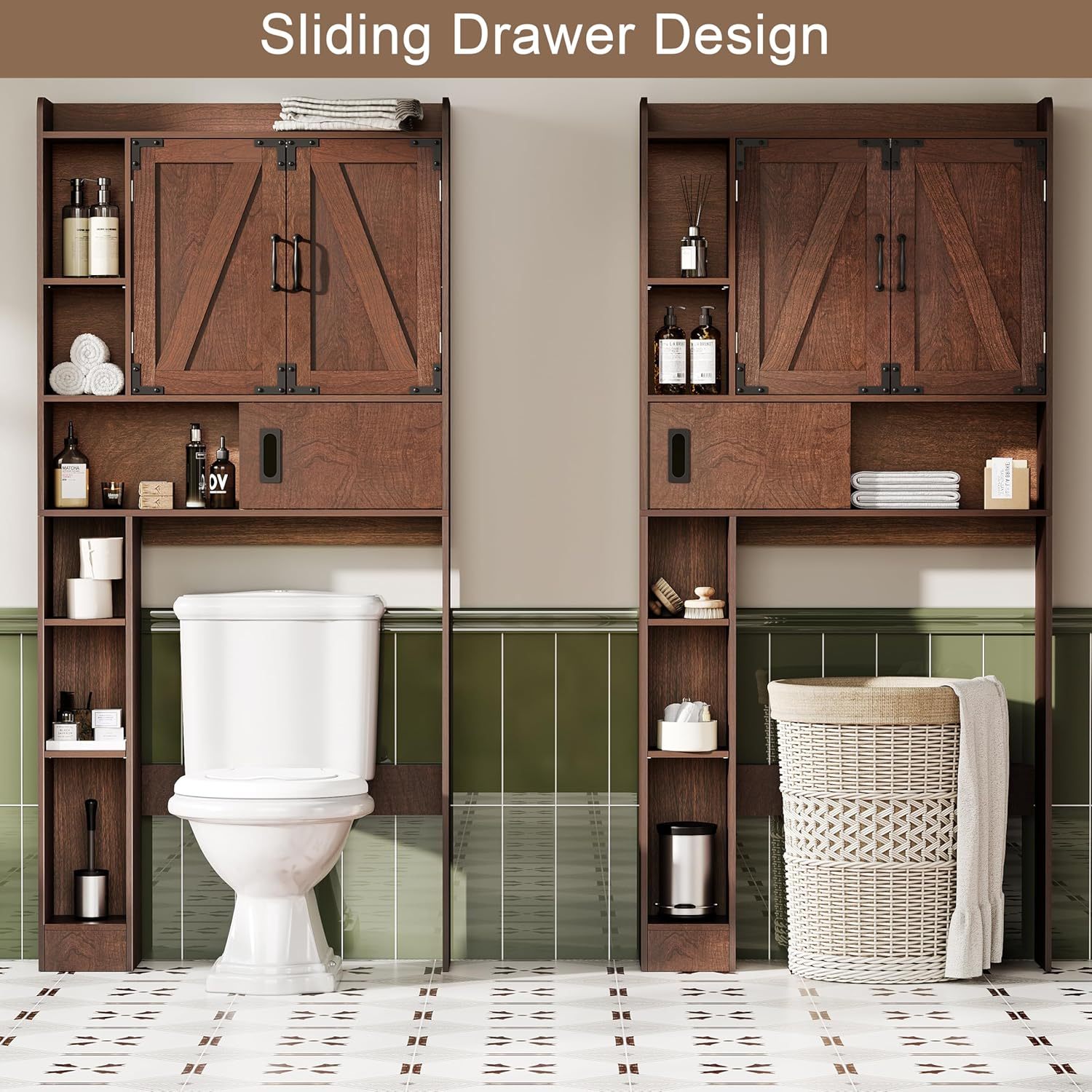 Over The Toilet Storage Cabinet, Farmhouse Bathroom Storage Cabinet with Barn Doors, Sliding Drawer, Adjustable Shelves