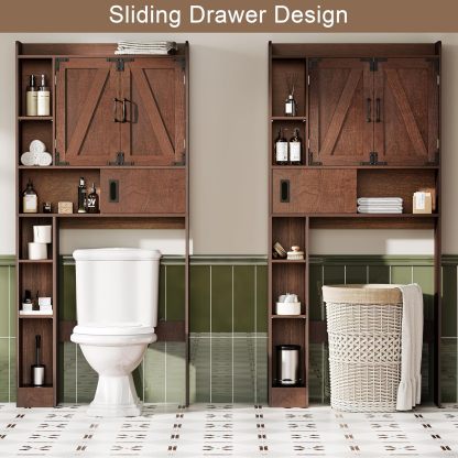 Over The Toilet Storage Cabinet, Farmhouse Bathroom Storage Cabinet with Barn Doors, Sliding Drawer, Adjustable Shelves