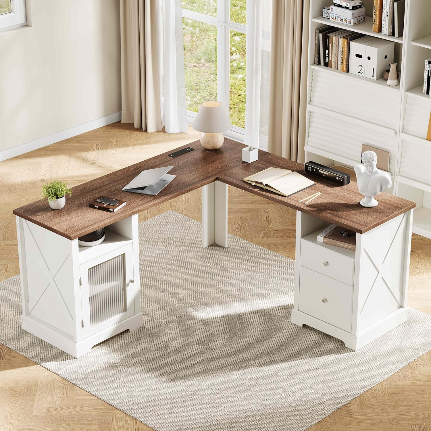 Farmhouse L Shaped Desk with Drawers & Storage Shelf, Home Office Desk with Storage Cabinet
