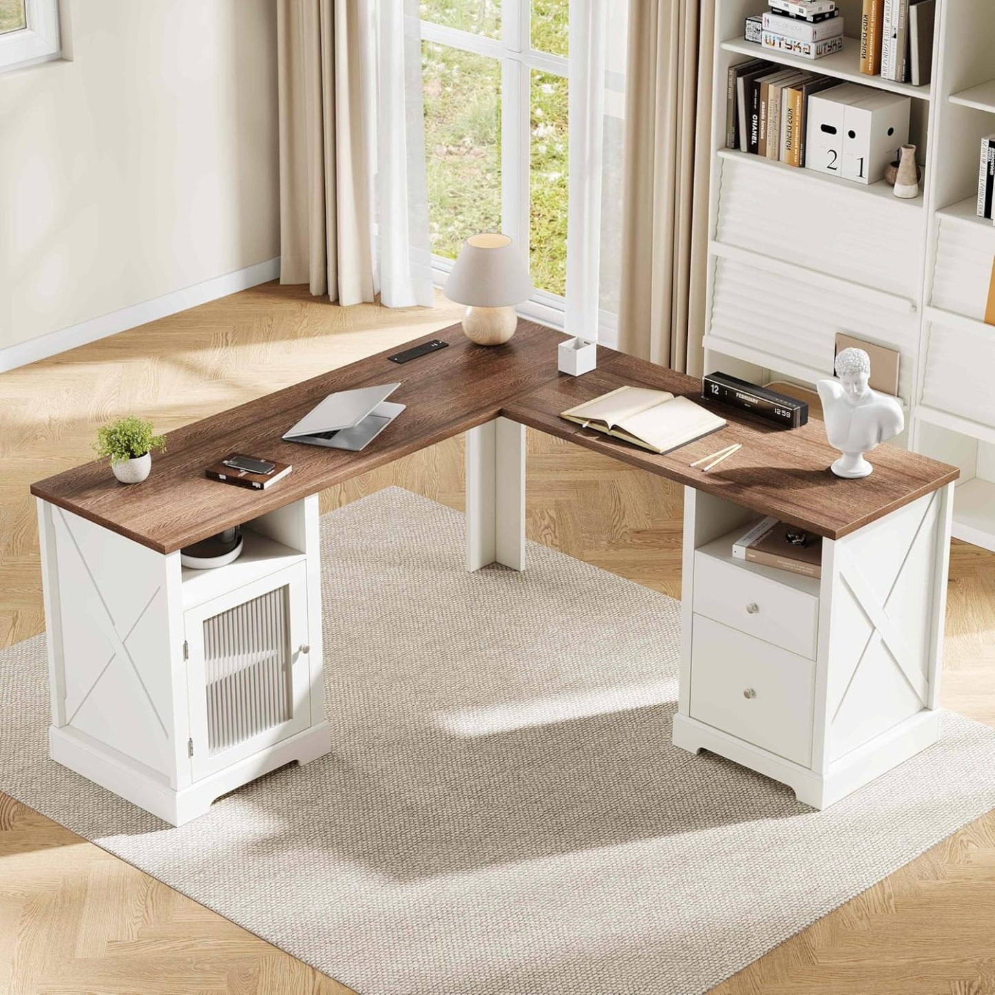 Farmhouse L Shaped Desk with Drawers & Storage Shelf, Home Office Desk with Storage Cabinet