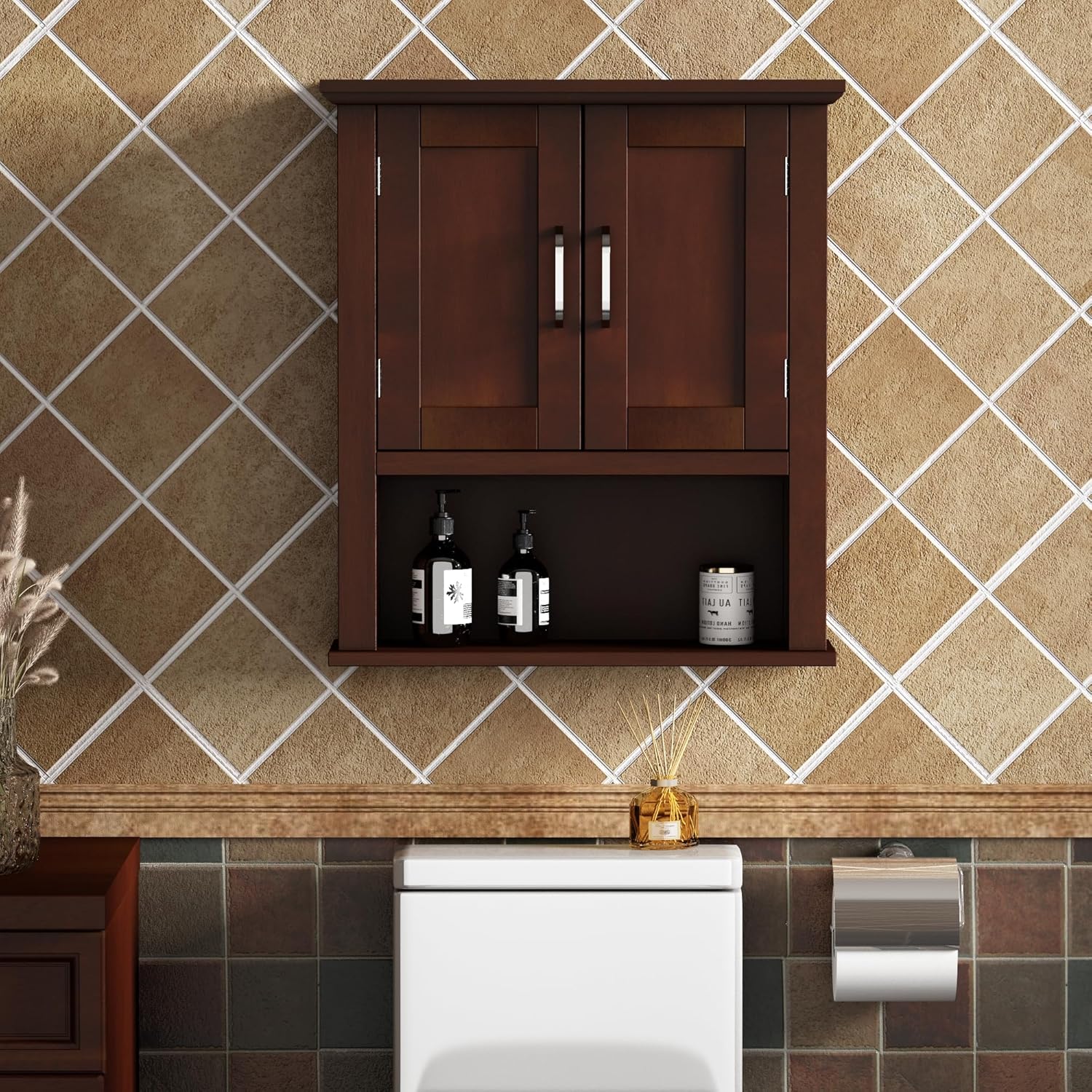 Wood Wall Cabinet with Doors, Medicine Cabinet with Adjustable Shelves Over The Toilet