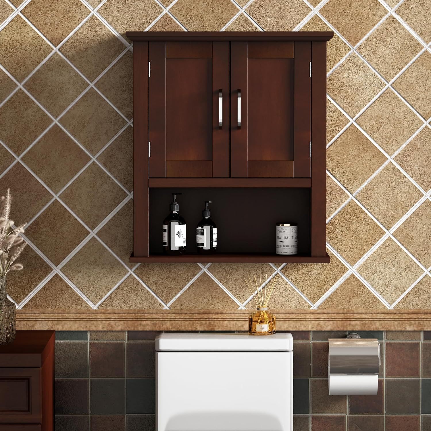Wood Wall Cabinet with Doors, Medicine Cabinet with Adjustable Shelves Over The Toilet