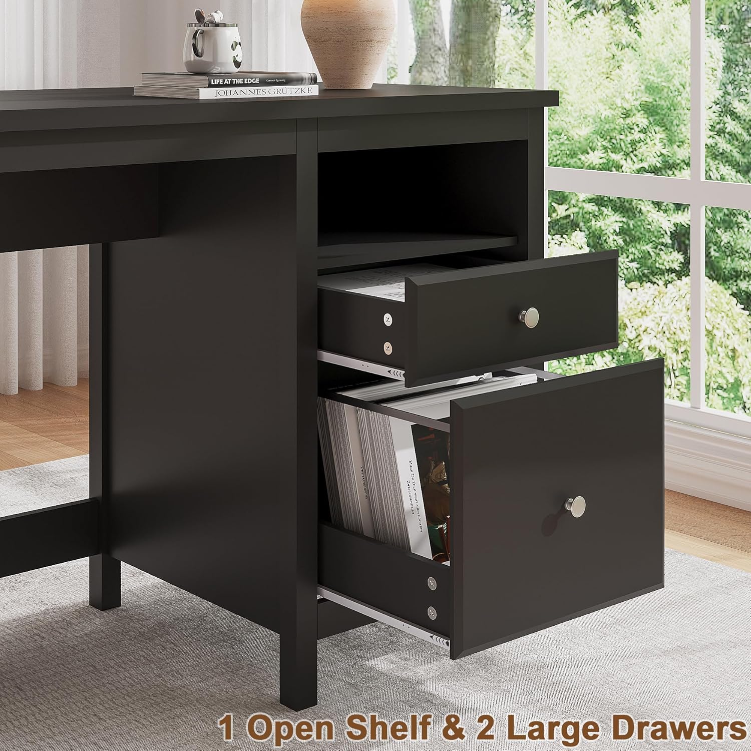 47" Black Desk with Drawers, Wood Home Office Computer Desk with Charging Station
