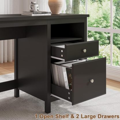 47" Black Desk with Drawers, Wood Home Office Computer Desk with Charging Station