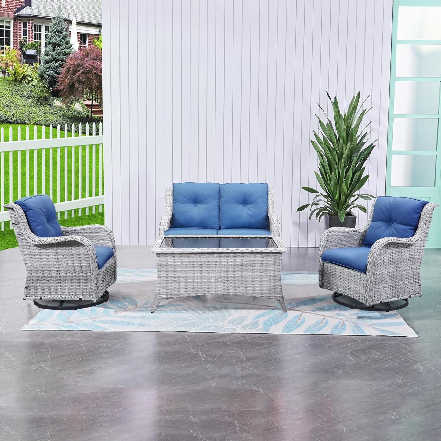 Outdoor Patio Furniture Set 7 Pieces Wicker Sofa and Loveseat with 2pcs Swivel Rocking Chairs,Patio Chairs,Coffee Table