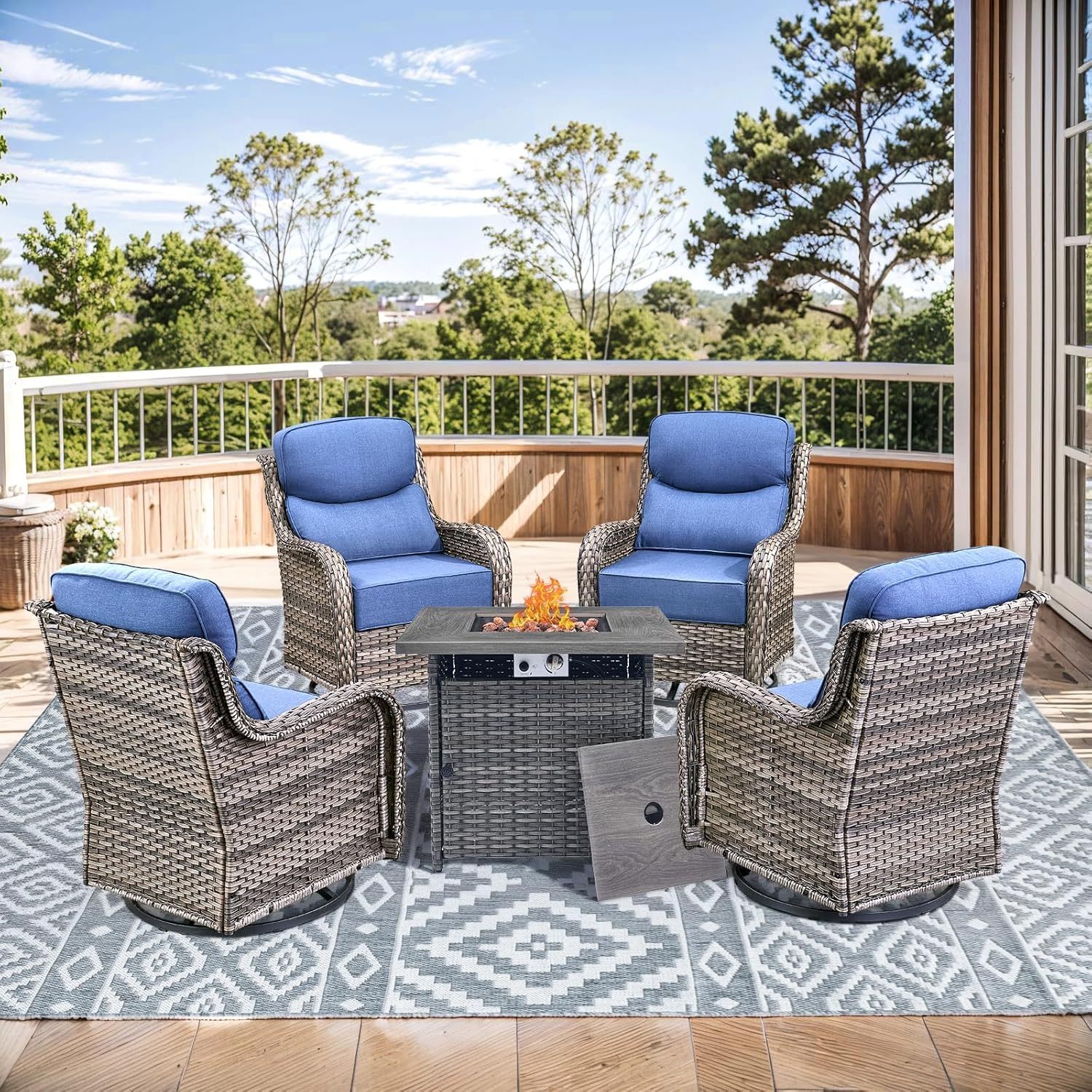 Wicker Patio Furniture Set with Patio Swivel Chairs Set of 4 and 50,000 BTU Fire Pit Table,6 Inch Thick Cushions High Back Outdoor Swivel Rocker Chairs Set for Porch, Balcony
