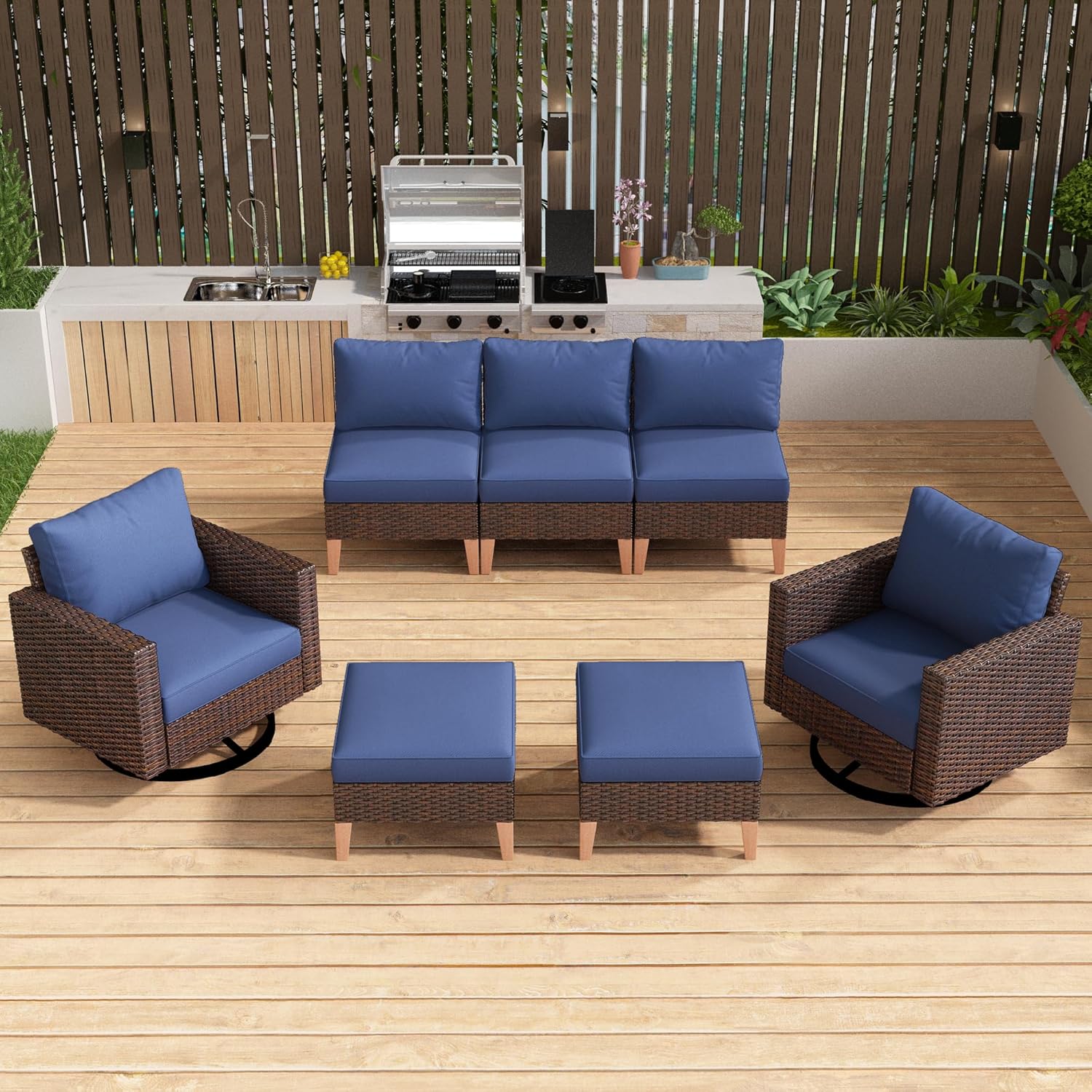 7 Pieces Patio Furniture,Outdoor Modular Sectional Couch Swivel Rocking Chairs with Ottomans,All Weather PE Wicker Patio Conversation Sets for Garden Porch Backyard