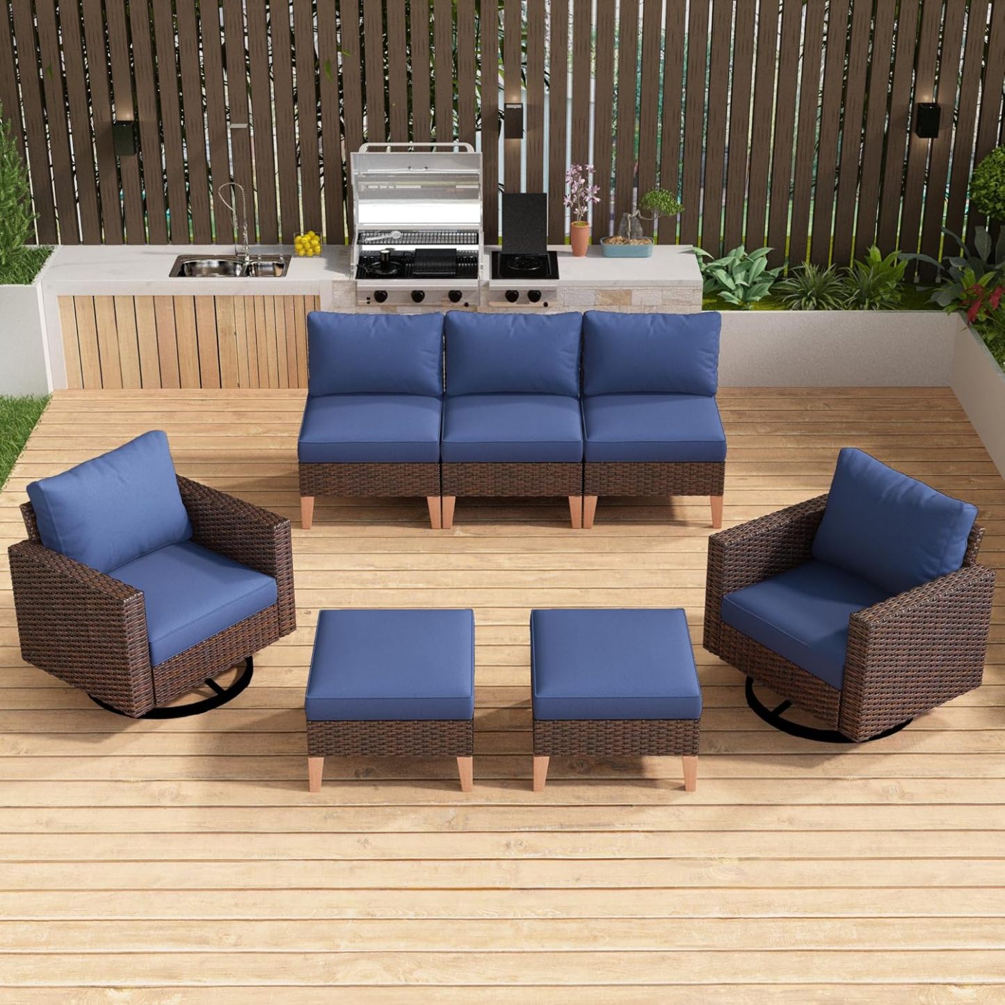 7 Pieces Patio Furniture,Outdoor Modular Sectional Couch Swivel Rocking Chairs with Ottomans,All Weather PE Wicker Patio Conversation Sets for Garden Porch Backyard