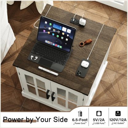 Farmhouse End Table, 24" Large Sofa Side Table with Charging Station & LED Light, White Nightstand with Adjustable Storage Shelf
