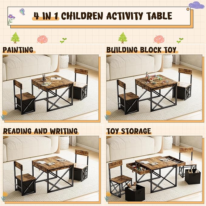 Kids Table and 2 Chairs Set, 4 in 1 Toddler Activity Table and Chairs Set with Storage, Children Desk and Chairs Set for Crafts