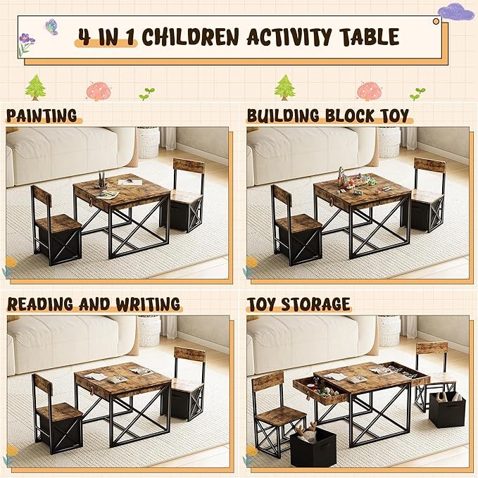 Kids Table and 2 Chairs Set, 4 in 1 Toddler Activity Table and Chairs Set with Storage, Children Desk and Chairs Set for Crafts