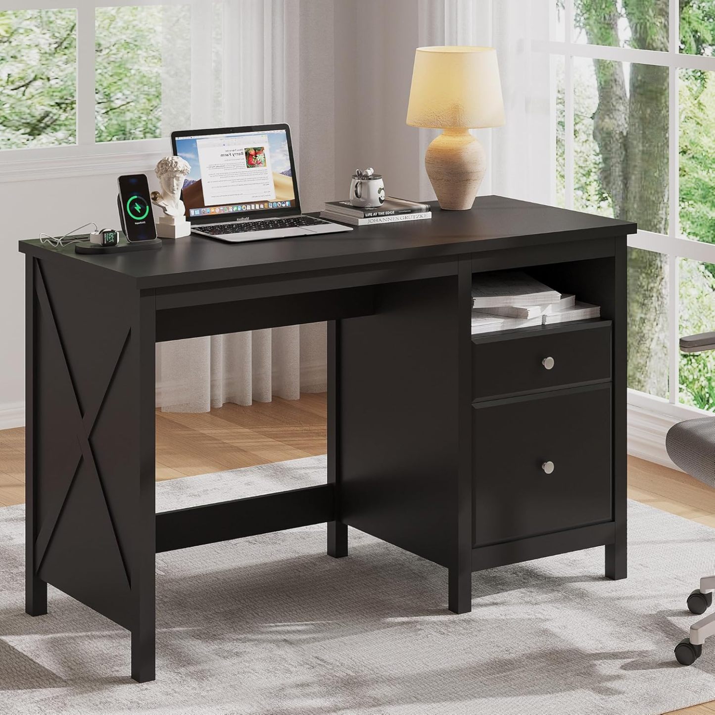 47" Black Desk with Drawers, Wood Home Office Computer Desk with Charging Station