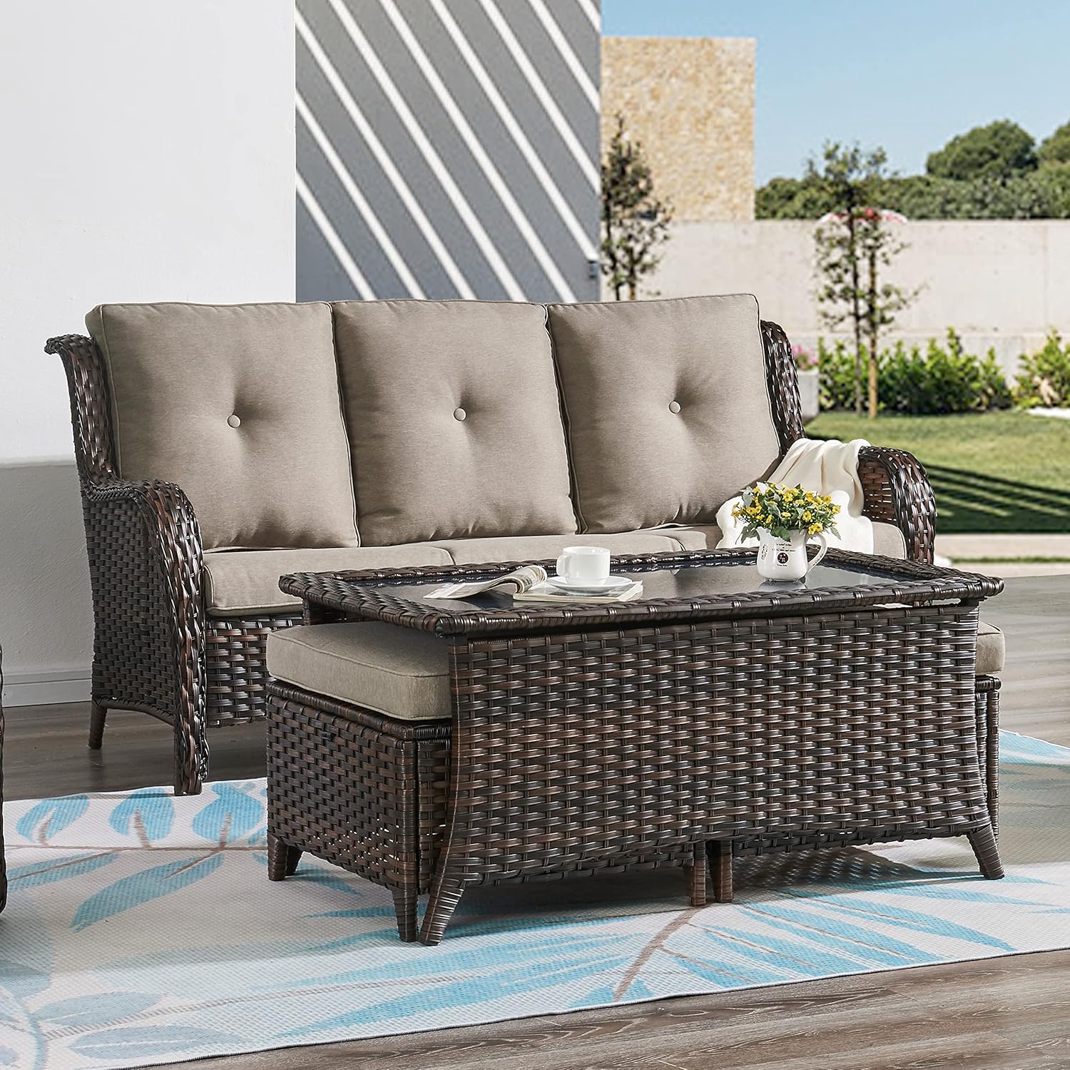 Outdoor Coffee Table Patio Rattan Patio Side Table Built-in Black Glass Top PE Wicker Rectangle Sofa Table Dark Brown