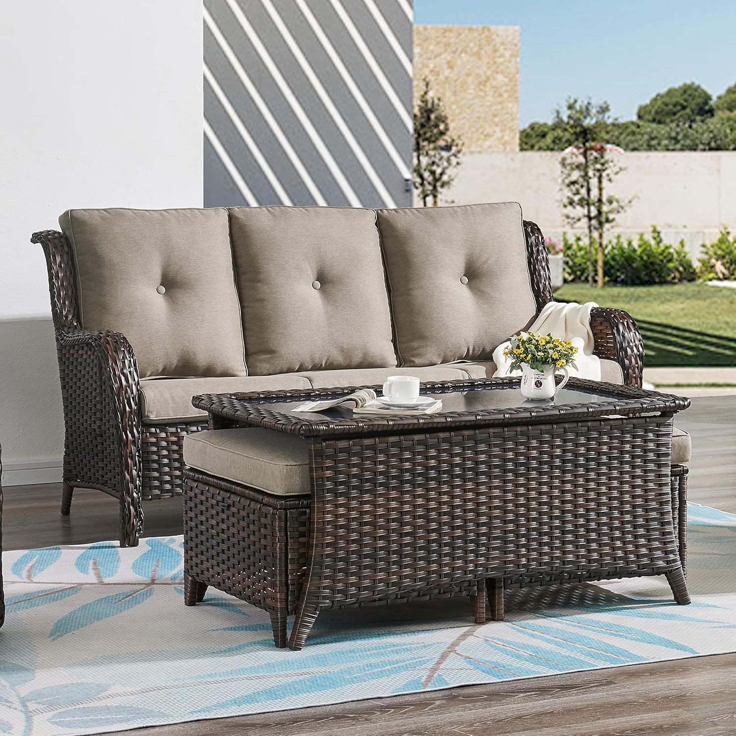 Outdoor Coffee Table Patio Rattan Patio Side Table Built-in Black Glass Top PE Wicker Rectangle Sofa Table Dark Brown