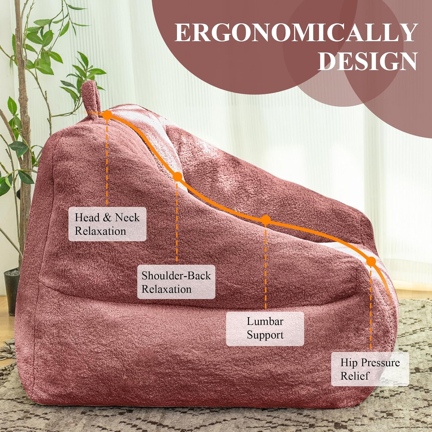 Bean Bag Chair for Adult, Teddy Upholstered Bean Bag Sofa with Large Footrest, Stuffed Beanbag Sofa Chair with Pull-Ring