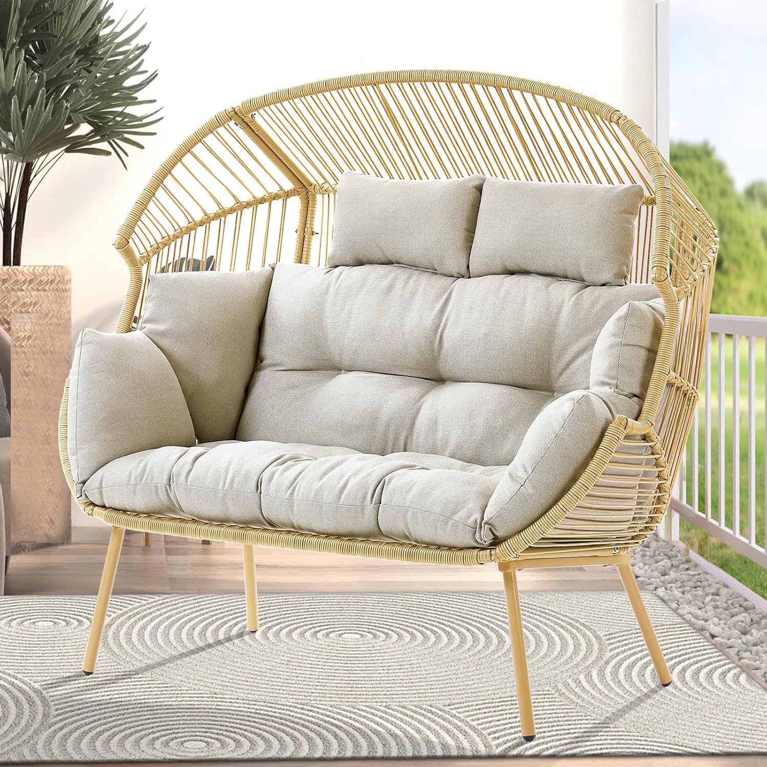 Double Egg Chair - 2 Person Wicker Egg Chair with 550Lbs Capacity Egg Basket Chair for Patio Balcony Living Room Sunroom