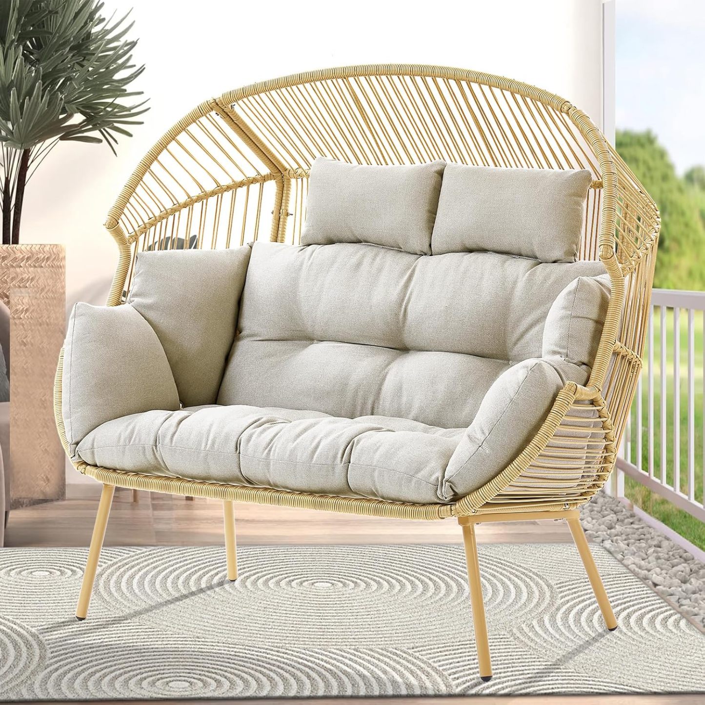 Double Egg Chair - 2 Person Wicker Egg Chair with 550Lbs Capacity Egg Basket Chair for Patio Balcony Living Room Sunroom