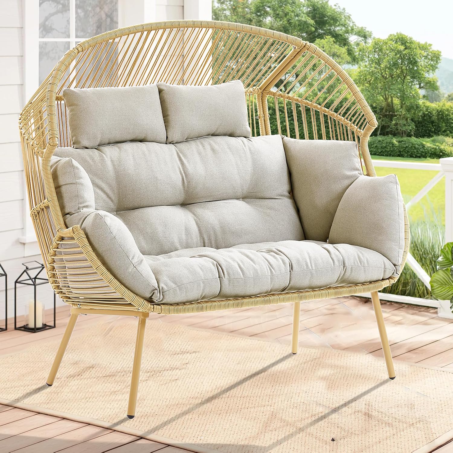 Double Egg Chair - 2 Person Wicker Egg Chair with 550Lbs Capacity Egg Basket Chair for Patio Balcony Living Room Sunroom