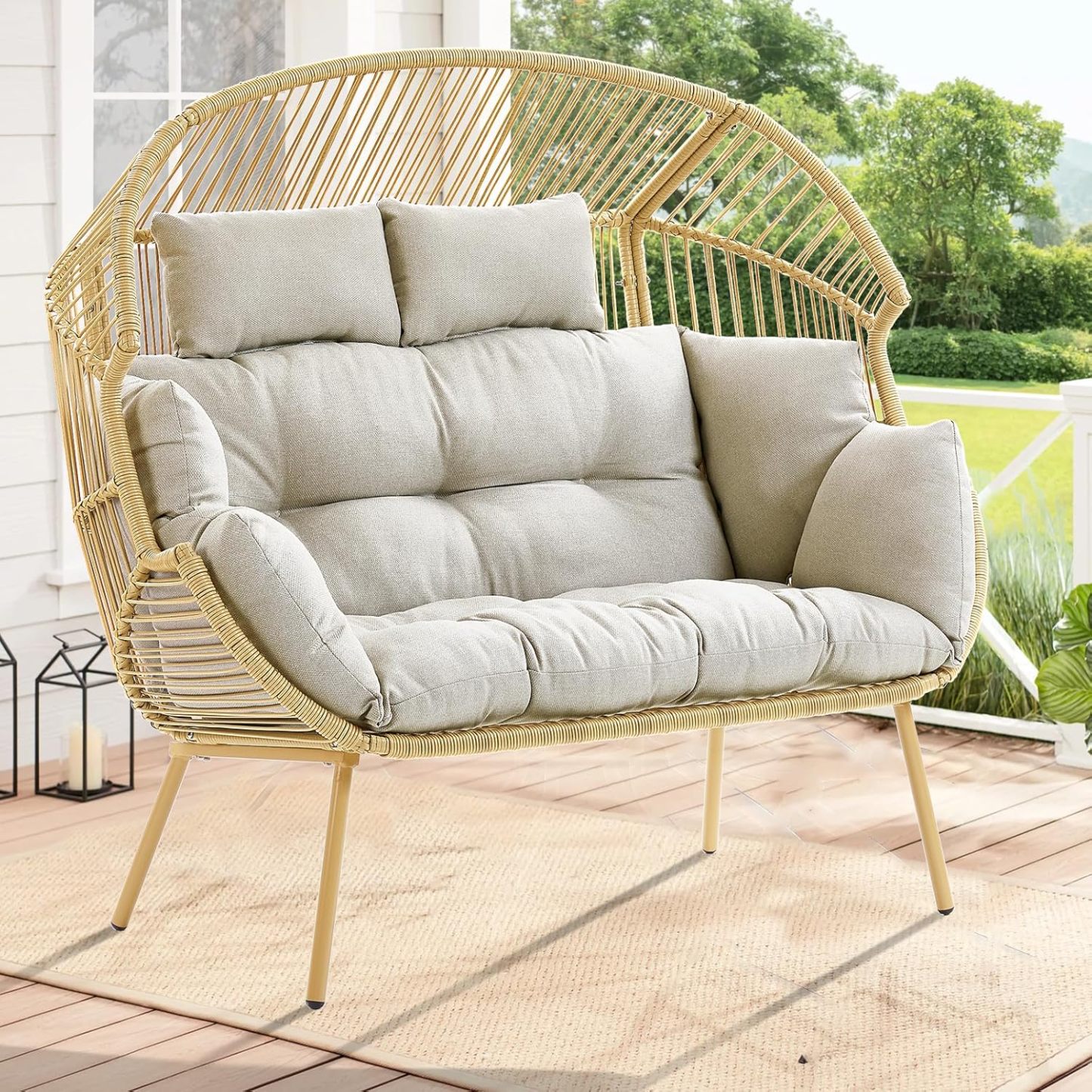 Double Egg Chair - 2 Person Wicker Egg Chair with 550Lbs Capacity Egg Basket Chair for Patio Balcony Living Room Sunroom