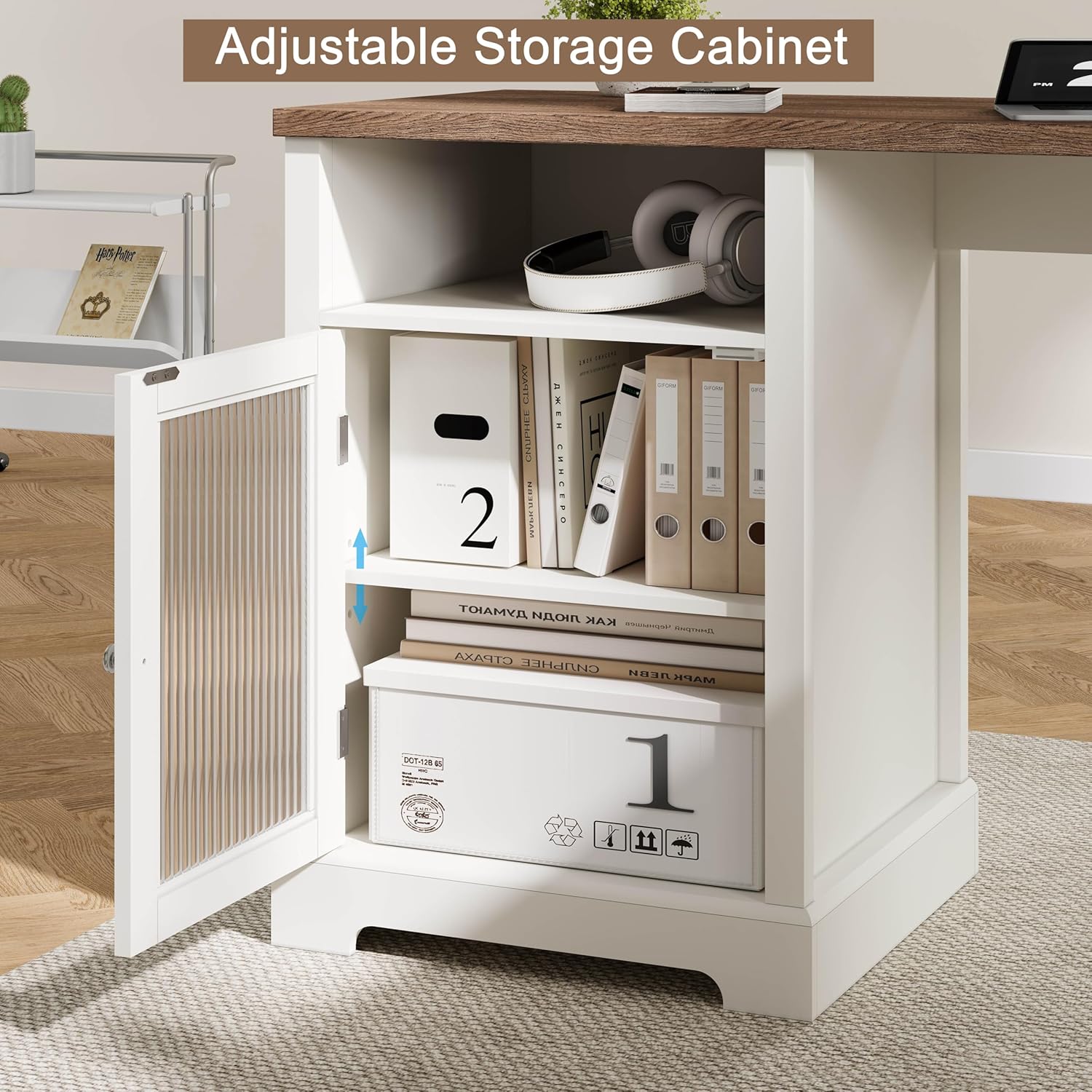 Farmhouse L Shaped Desk with Drawers & Storage Shelf, Home Office Desk with Storage Cabinet