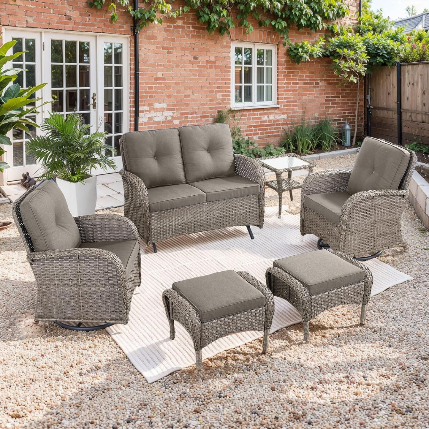 6 Pieces Patio Furniture Set-Patio Glider Loveseat with Rattan Outdoor Swivel Chairs Outdoor Conversation Furniture Set