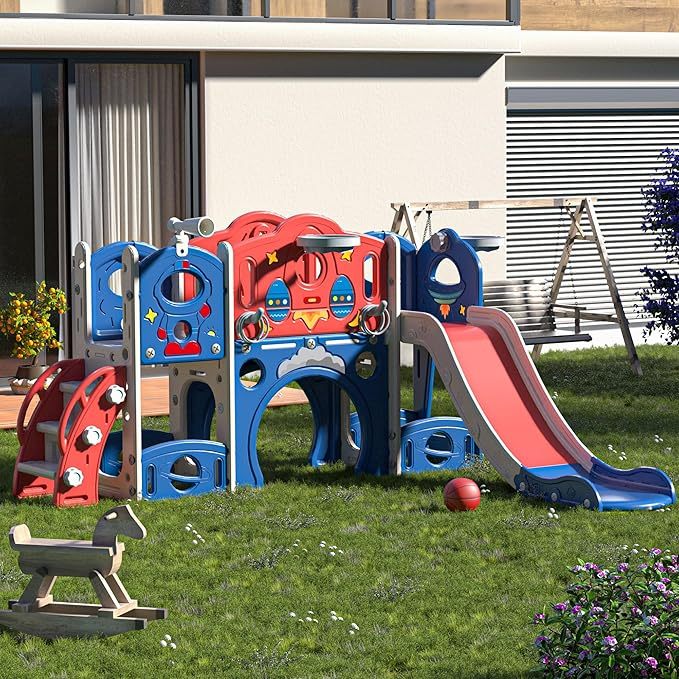 9-in-1 Castle Amusement Playground Playhouse, Indoor Outdoor Playset for Toddlers Age 1-3